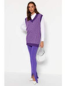 Trendyol lila csíkos V-nyakú kötöttáru pulóver