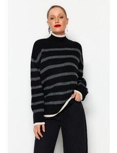 Trendyol Black széles mintás csíkos kötöttáru pulóver