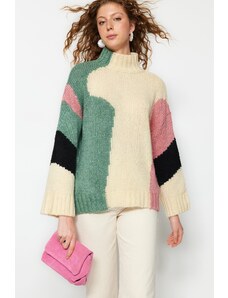 Trendyol Bézs puha texturált színes blokk kötöttáru pulóver