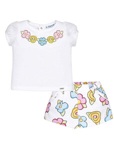 Mayoral fehér, virágos bébi lány póló és rövidnadrág – 68 cm