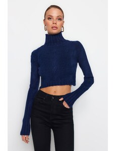 Trendyol Navy Blue Crop puha texturált kötöttáru pulóver