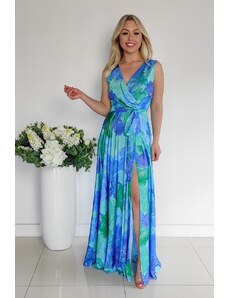 Kék-zöld virágos ruha hasítékkal