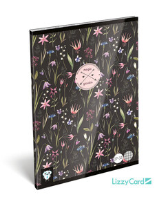 Lizzy Card virágos tűzött füzet A/5, 32 lap kockás, Magic Garden, fekete