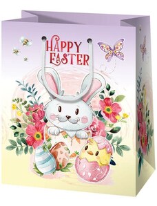 CARDEX Húsvéti ajándéktáska 23x18x10cm, közepes, nyuszi és csibe tojásban, Happy Easter