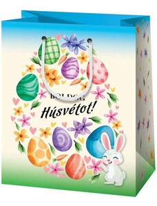 CARDEX Húsvéti ajándéktáska 23x18x10cm, közepes, vidám nyuszi tojásokkal, Boldog húsvétot!
