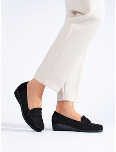 Suede black loafers on a low wedge Shelvt