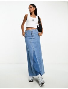 ASOS Weekend Collective low rise denim midi skirt in mid wash-Blue