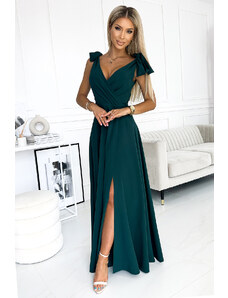 NUMOCO Hosszú sötétzöld ruha nyakkivágással ELENA 405-4