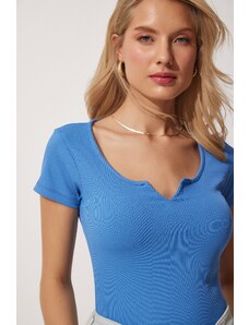 Happiness İstanbul Women's Blue Heart Neck Ribbed Crop Knitted Blouse