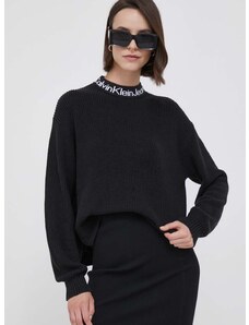 Calvin Klein Jeans pamut pulóver fekete, félgarbó nyakú