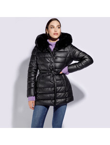 Hosszú, steppelt női ökobőr kabát derékövvel Wittchen, fekete, műbőr