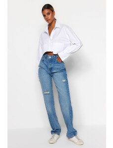 Trendyol Blue Ripped High Waist Long Straight Jeans