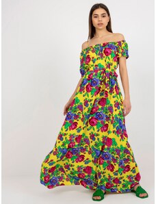 Fashionhunters Yellow Spanish Floral Maxi Dress with Strap
