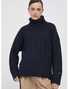 Tommy Hilfiger gyapjúkeverék pulóver meleg, női, sötétkék, garbónyakú