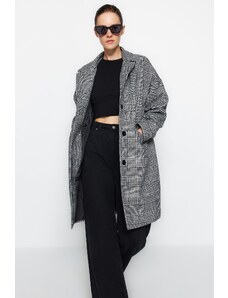 Trendyol Black Oversize széles szabású kockás hosszú bélyegzett kabát