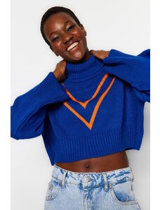 Trendyol Blue Crop Color Block garbós kötöttáru pulóver