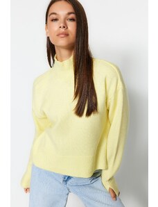 Trendyol Yellow Basic puha textúrájú, magas nyakú ujjvégű hasított kötöttáru pulóver