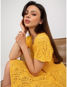 Fashionhunters Yellow openwork knit dress to the knees