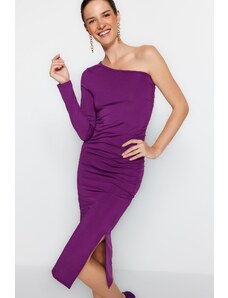 Trendyol Purple Asymmetric Neck Single Sleeve Gathered Fit Midi kötött ruha
