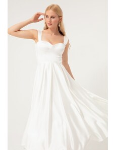 Lafaba női fehér pántos kiszélesedő szabású midi szatén estélyi ruha