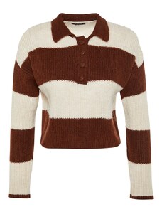 Trendyol Brown Crop puha texturált színes blokk kötöttáru pulóver