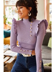 Olalook női lila Frilly gomb részletes derék kötött áru pulóver felett