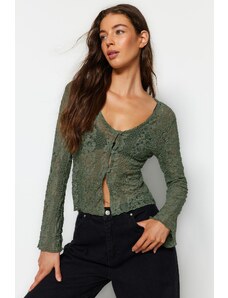Trendyol Khaki V-Neck Button Detailed Lace Knitted Blouse
