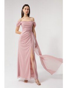 Lafaba női rózsaszín csónaknyakú draped hasított hosszú ezüstös estélyi ruha