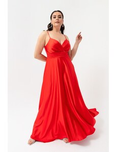 Lafaba női piros kötélpánt plus size szatén hosszú estélyi ruha és ballagási ruha