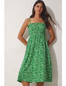 Happiness İstanbul női zöld strappy virágos nyári viszkóz ruha