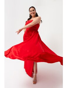Lafaba női piros egyvállas plusz méretű szatén estélyi ruha és báli ruha