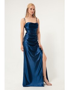 Lafaba Women's Navy Blue Underwire Corset Detailed Long Slit Evening Dress.