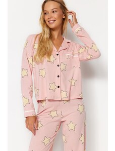 Trendyol Powder 100% pamut csillagmintás ing-nadrág kötött pizsama szett
