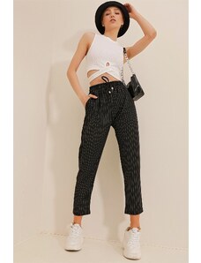 Trend Alaçatı Stili Women's Black High Waist Double Pocket Striped Casual Cut Pants