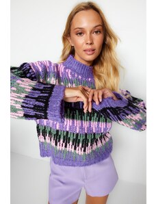 Trendyol Purple puha textúrájú vastag magas nyakú kötöttáru pulóver