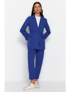 Trendyol Blue Tie Detailed Lined Crepe Jacket-Trousers Woven Two Piece Set