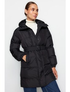 Trendyol Black Oversized hosszú felfújható kabát, vízlepergető, öves kapucnis