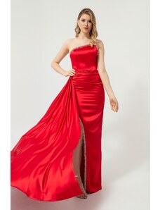 Lafaba női piros egyvállú kő hosszú szatén estélyi ruha