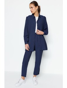 Trendyol Navy Blue Linen Look Shirt-Pants Woven Suit