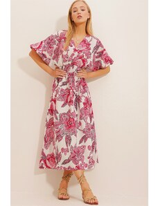 Trend Alaçatı Stili női rózsaszín dupla mellű gallér mintás vászonruha
