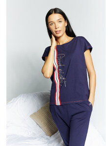 MONNARI Woman's Pyjamas Pajama Top With Rhinestone Inscription Navy Blue