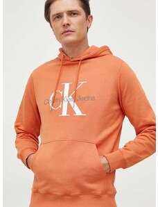 Calvin Klein Jeans pamut melegítőfelső narancssárga, férfi, nyomott mintás, kapucnis