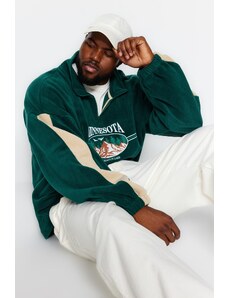 Trendyol Emerald Green Unisex Oversize Stand Collar City Embroidered Fleece Sweatshirt