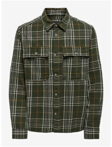 Beige-Green Mens Plaid Flannel Shirt ONLY & SONS Scott - Men