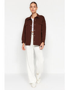 Trendyol Brown Oversize/Wide Fit pólódzseki zsebekkel és gombokkal, polár belső kötött kabát