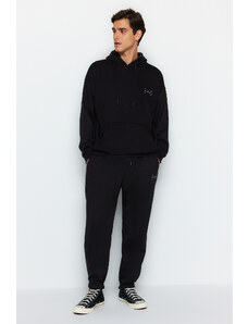 Trendyol férfi fekete tréningruha túlméretes/széles szabású kapucnis hímzett pipagyapjú pamut