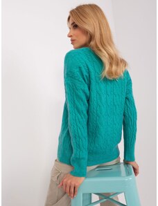 Fashionhunters Turquoise sweater with cables and round neckline