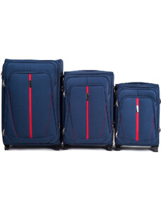 Sötétkék 3 darabos bőröndkészlet piros csíkkal Buzzard 1706(2), Sets of 3 suitcases Wings 2 wheels L,M,S, Blue
