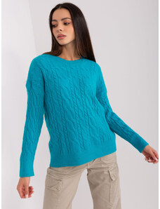 Fashionhunters Turquoise sweater with cables and cuffs