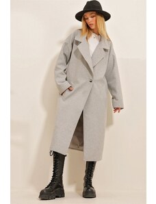 Trend Alaçatı Stili női szürke dupla mellű gallér dupla zsebes bélelt cachet hosszú kabát